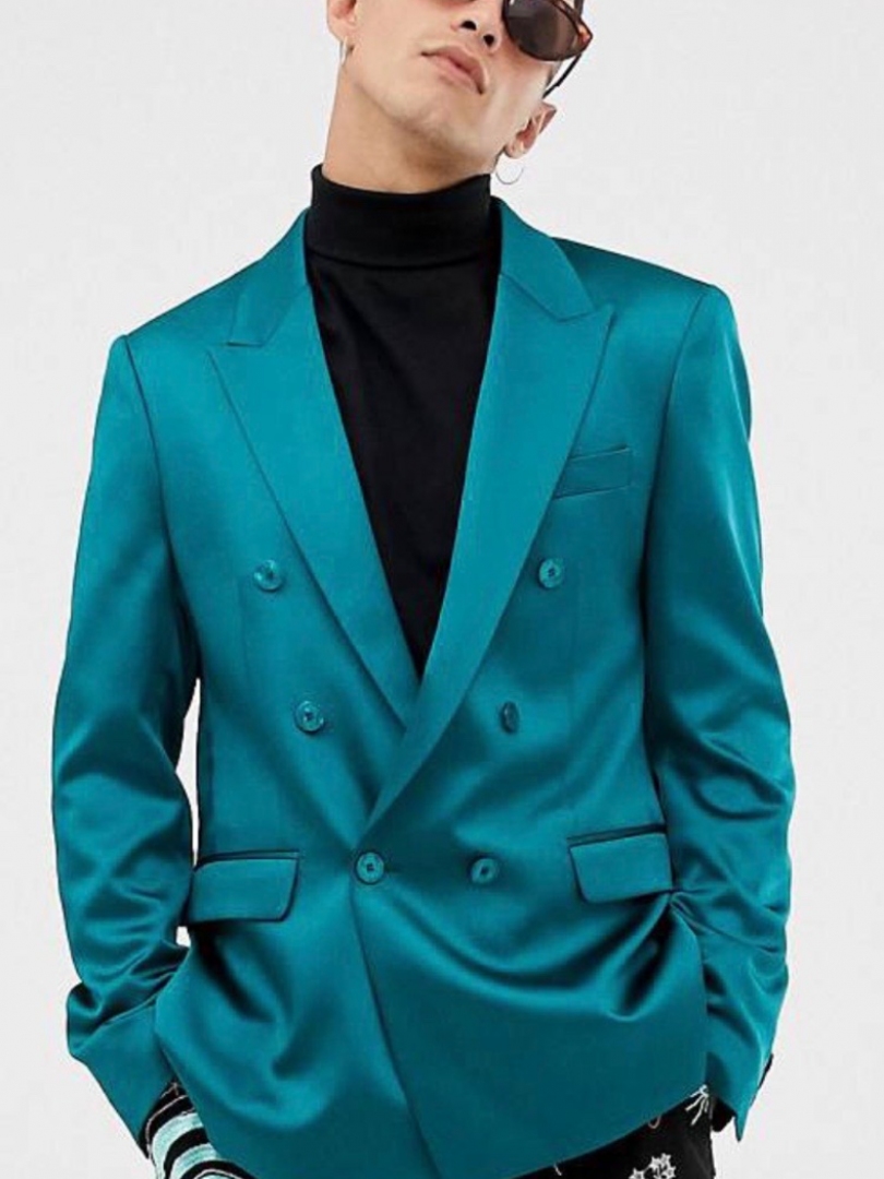 Бирюзовый шелковый двубортный пиджак