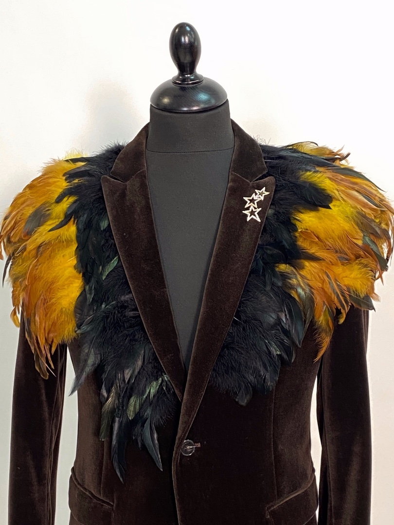 Коричневый бархатный пиджак с перьями
