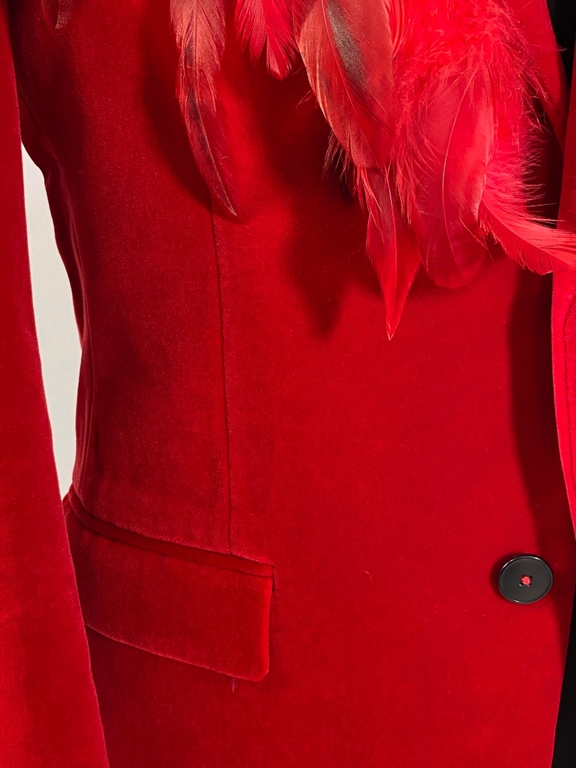 Красный бархатный мужской пиджак с перьями